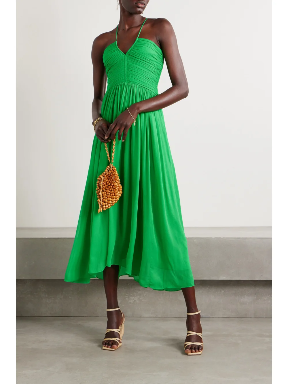 A.L.C. Rumi Ruched Plissé Silk-chiffon Midi Dress, worn by a model