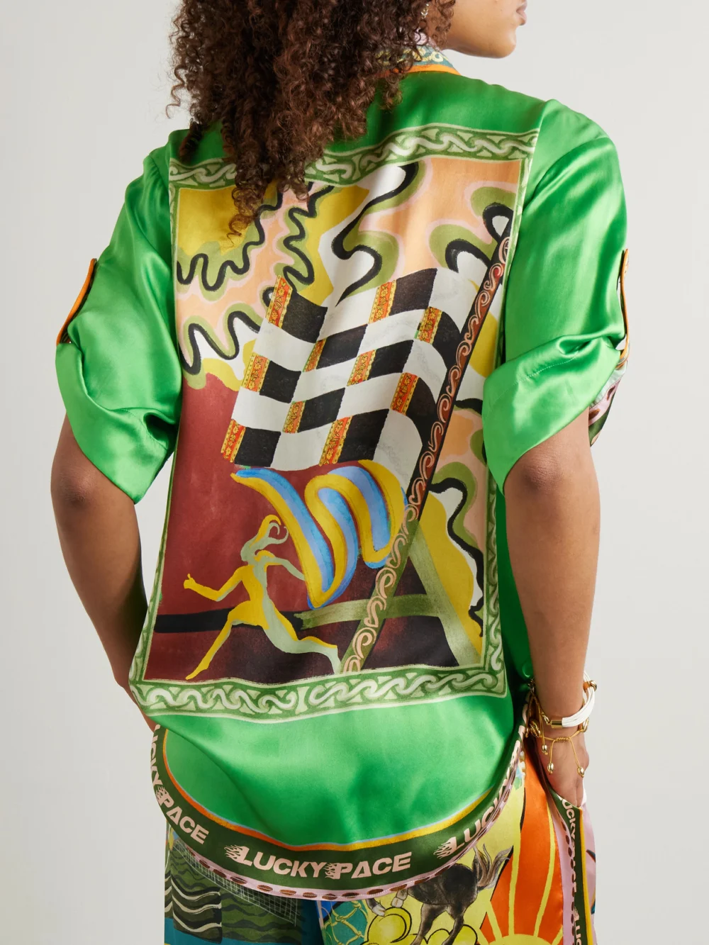 Back view of the Alémais Lucky Pace Printed Silk-satin Shirt