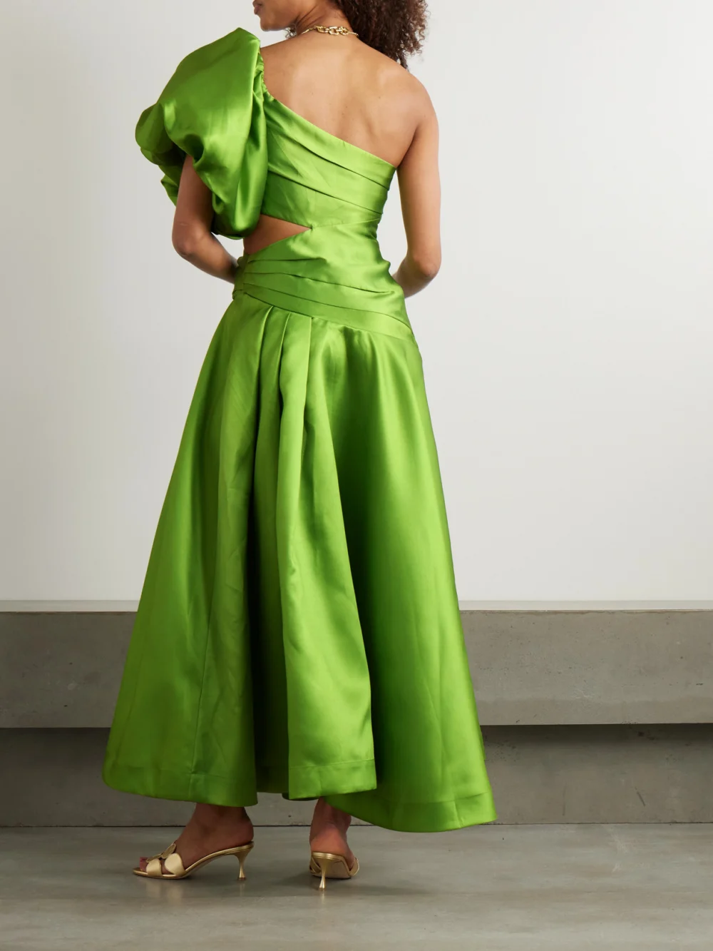 Back view of the Alémais + Sam Pauletto Aquatica One-shoulder Gathered Printed Recycled Satin-twill Dress