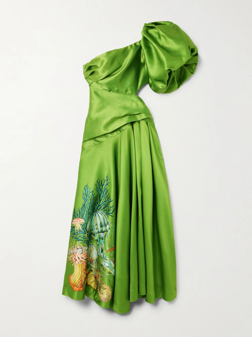 Alémais + Sam Pauletto Aquatica One-shoulder Gathered Printed Recycled Satin-twill Dress in green