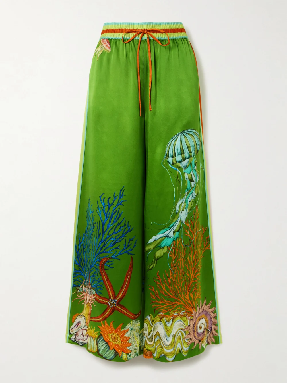 Alémais + Sam Pauletto Aquatica Printed Silk-satin Wide-leg Pants in green