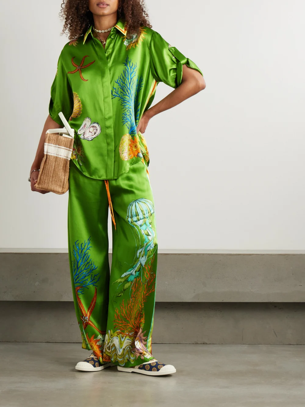 Alémais + Sam Pauletto Aquatica Printed Silk-satin Wide-leg Pants, worn by a model