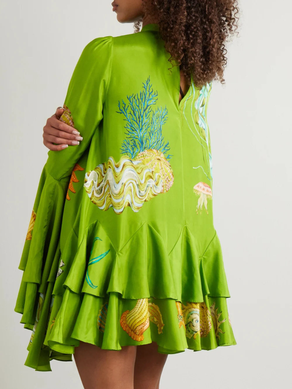 Back view of the Alémais + Sam Pauletto Aquatica Ruffled Tiered Printed Silk-habotai Mini Dress
