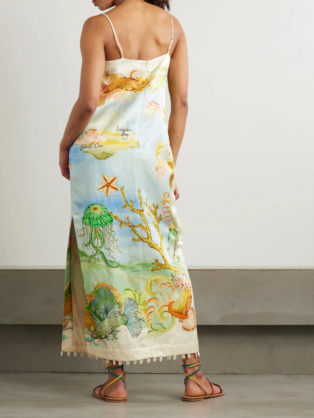 Back view of the Alémais + Sam Pauletto Emerald Cove Embellished Printed Hemp and Silk-blend Midi Dress