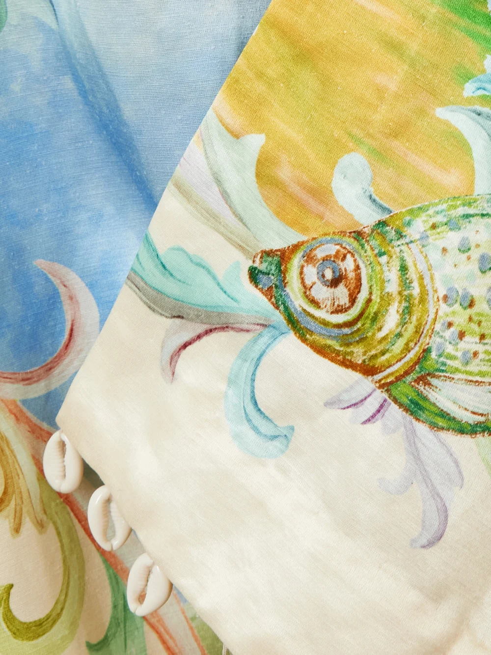 Close-up detail of the Alémais + Sam Pauletto Emerald Cove Embellished Printed Hemp and Silk-blend Midi Dress
