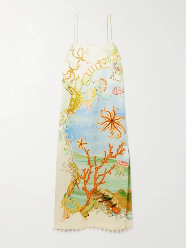 Alémais + Sam Pauletto Emerald Cove Embellished Printed Hemp and Silk-blend Midi Dress