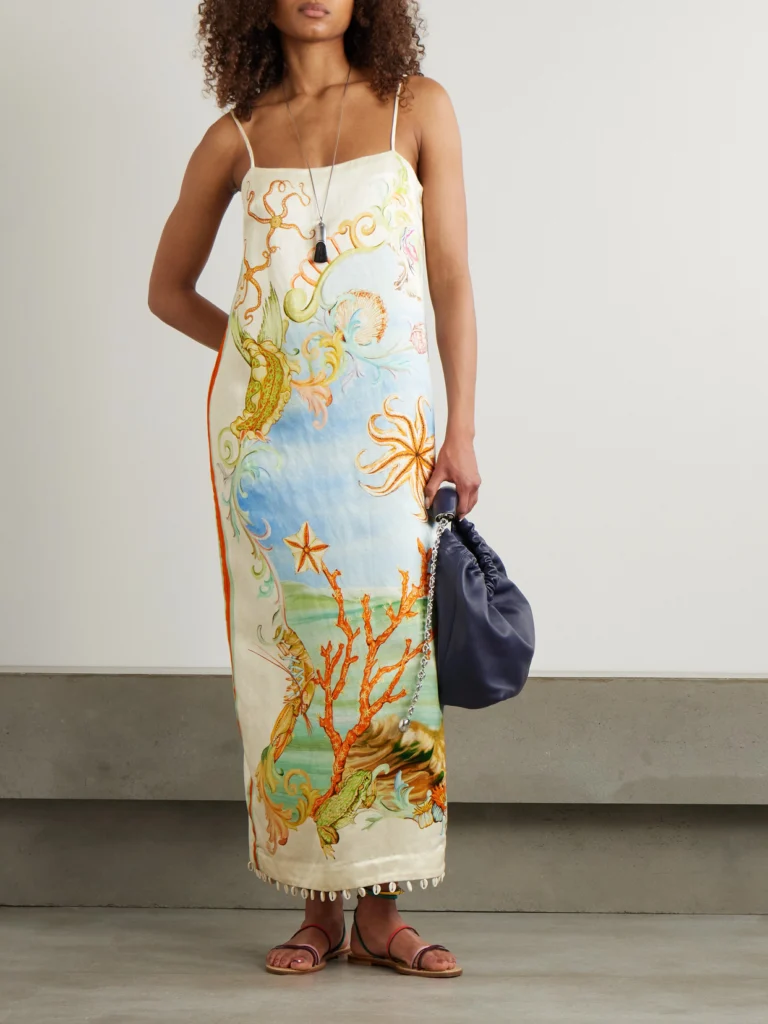 Alémais + Sam Pauletto Emerald Cove Embellished Printed Hemp and Silk-blend Midi Dress