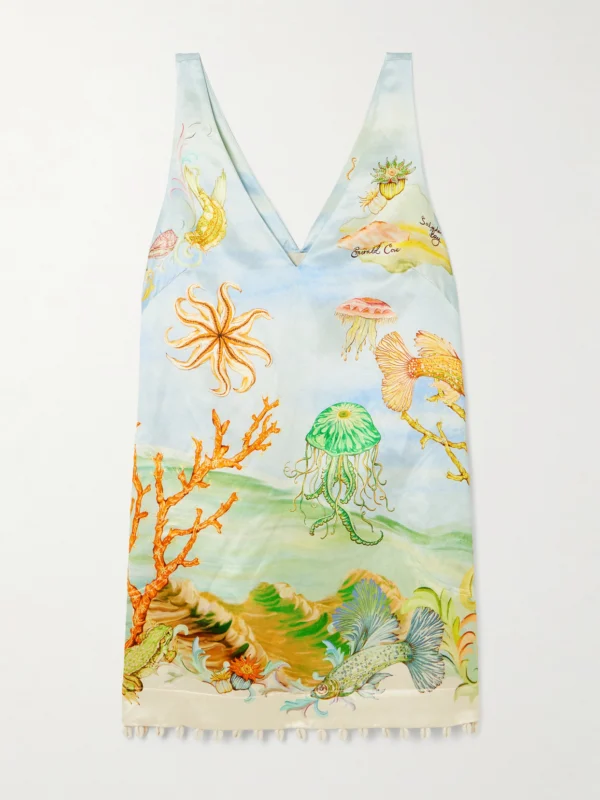 Alémais + Sam Pauletto Emerald Cove Embellished Printed Hemp and Silk-blend Mini Dress