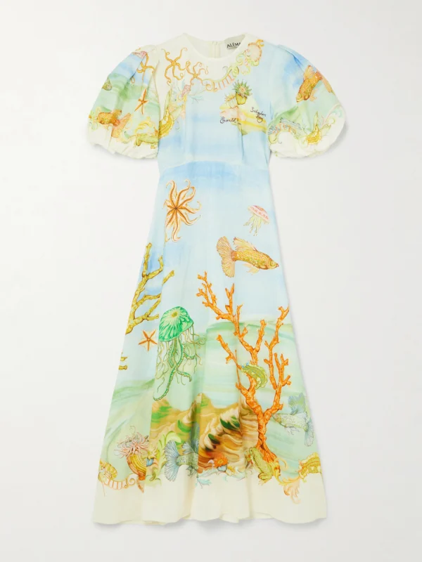 Alémais + Sam Pauletto Emerald Cove Gathered Printed Linen-gauze Midi Dress