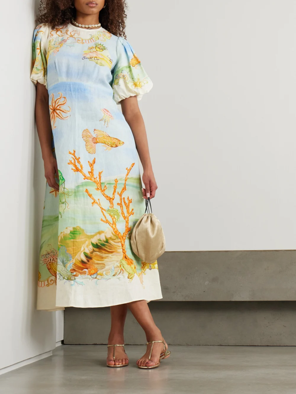 Alémais + Sam Pauletto Emerald Cove Gathered Printed Linen-gauze Midi Dress, worn by a model