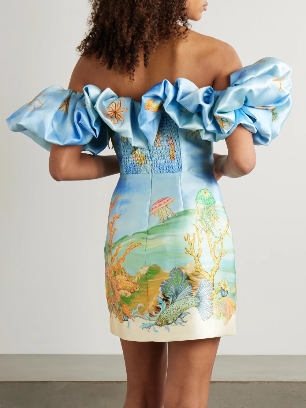 Back view of the Alémais + Sam Pauletto Emerald Cove Off-the-shoulder Gathered Printed Recycled Duchesse-satin Mini Dress