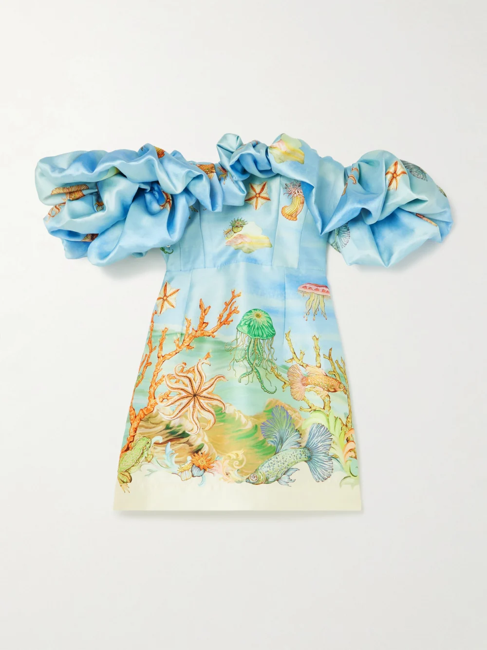 Alémais + Sam Pauletto Emerald Cove Off-the-shoulder Gathered Printed Recycled Duchesse-satin Mini Dress in blue