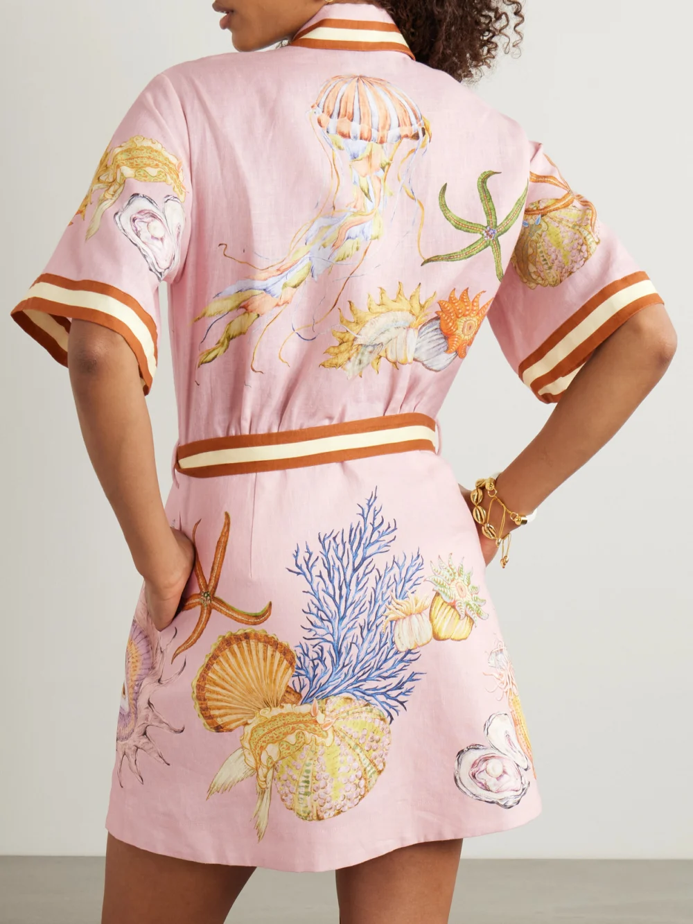 Back view of the Alémais + Sam Pauletto Nereids Belted Printed Linen-gauze Mini Shirt Dress