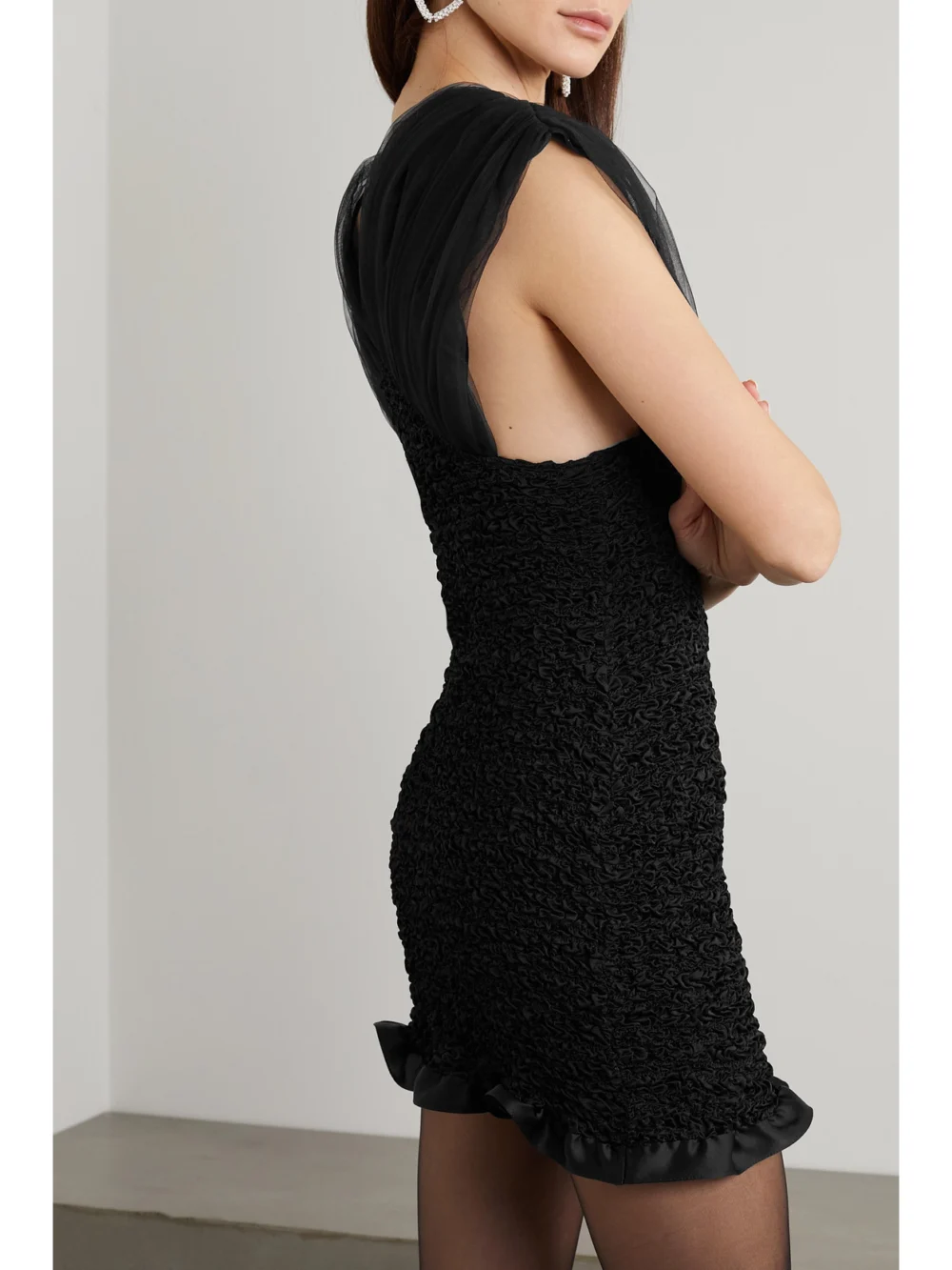 Back view of the Alessandra Rich Appliquéd Shirred Silk-satin and Tulle Mini Dress