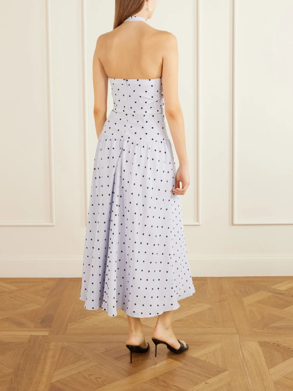 Back view of the Alessandra Rich Belted Polka-dot Bow-detail Silk Midi Dress