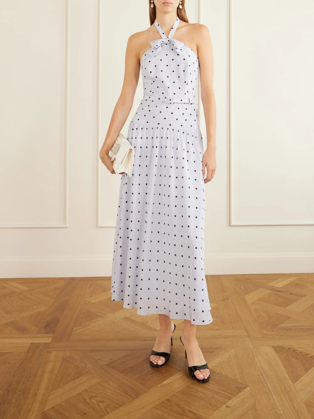 Alessandra Rich Belted Polka-dot Bow-detail Silk Midi Dress, worn by a model