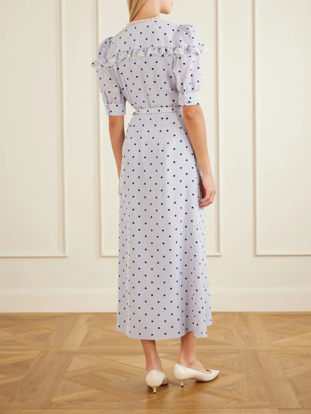 Back view of the Alessandra Rich Belted Polka-dot Lace-trimmed Silk Midi Dress