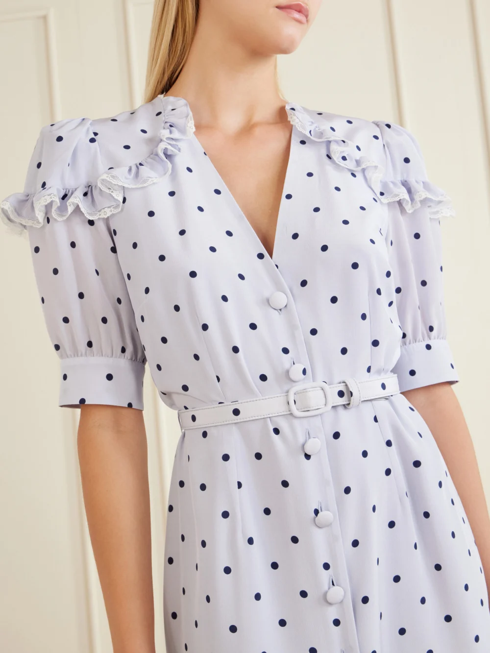 Close-up detail of the Alessandra Rich Belted Polka-dot Lace-trimmed Silk Midi Dress