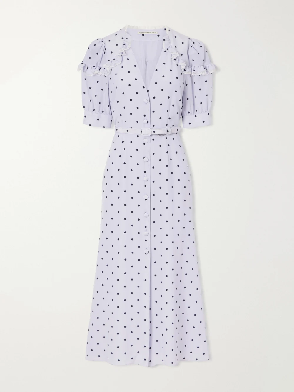 Alessandra Rich Belted Polka-dot Lace-trimmed Silk Midi Dress in blue