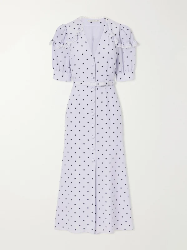 Alessandra Rich Belted Polka-dot Lace-trimmed Silk Midi Dress
