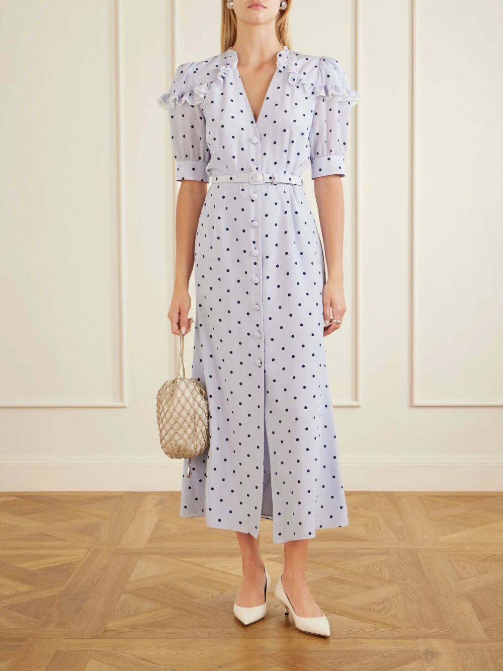 Alessandra Rich Belted Polka-dot Lace-trimmed Silk Midi Dress, worn by a model