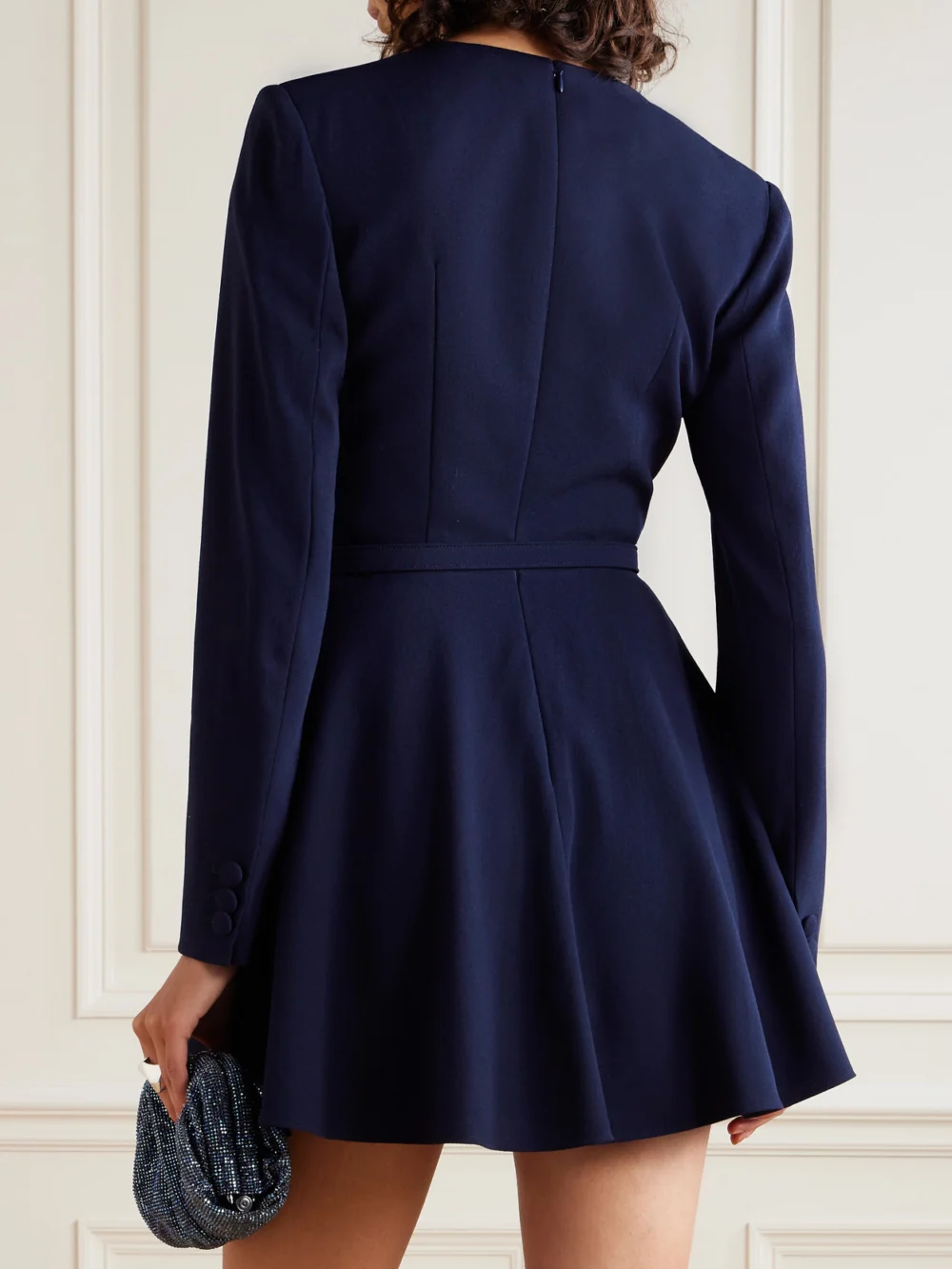 Back view of the Alessandra Rich Belted Wool-blend Crepe Mini Dress
