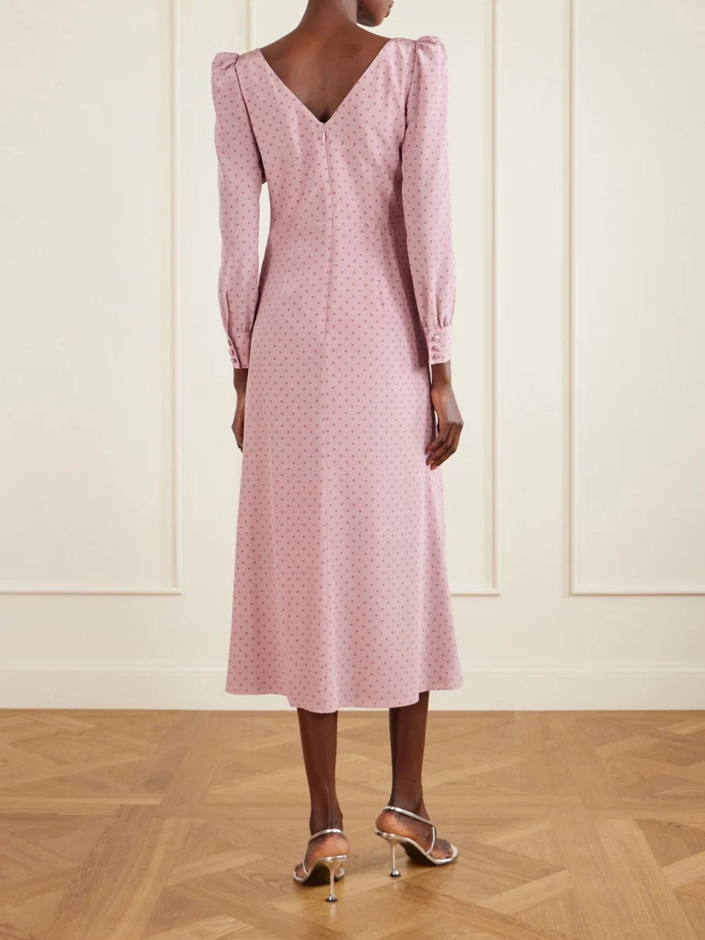 Back view of the Alessandra Rich Bow-detailed Embellished Polka-dot Silk Midi Dress