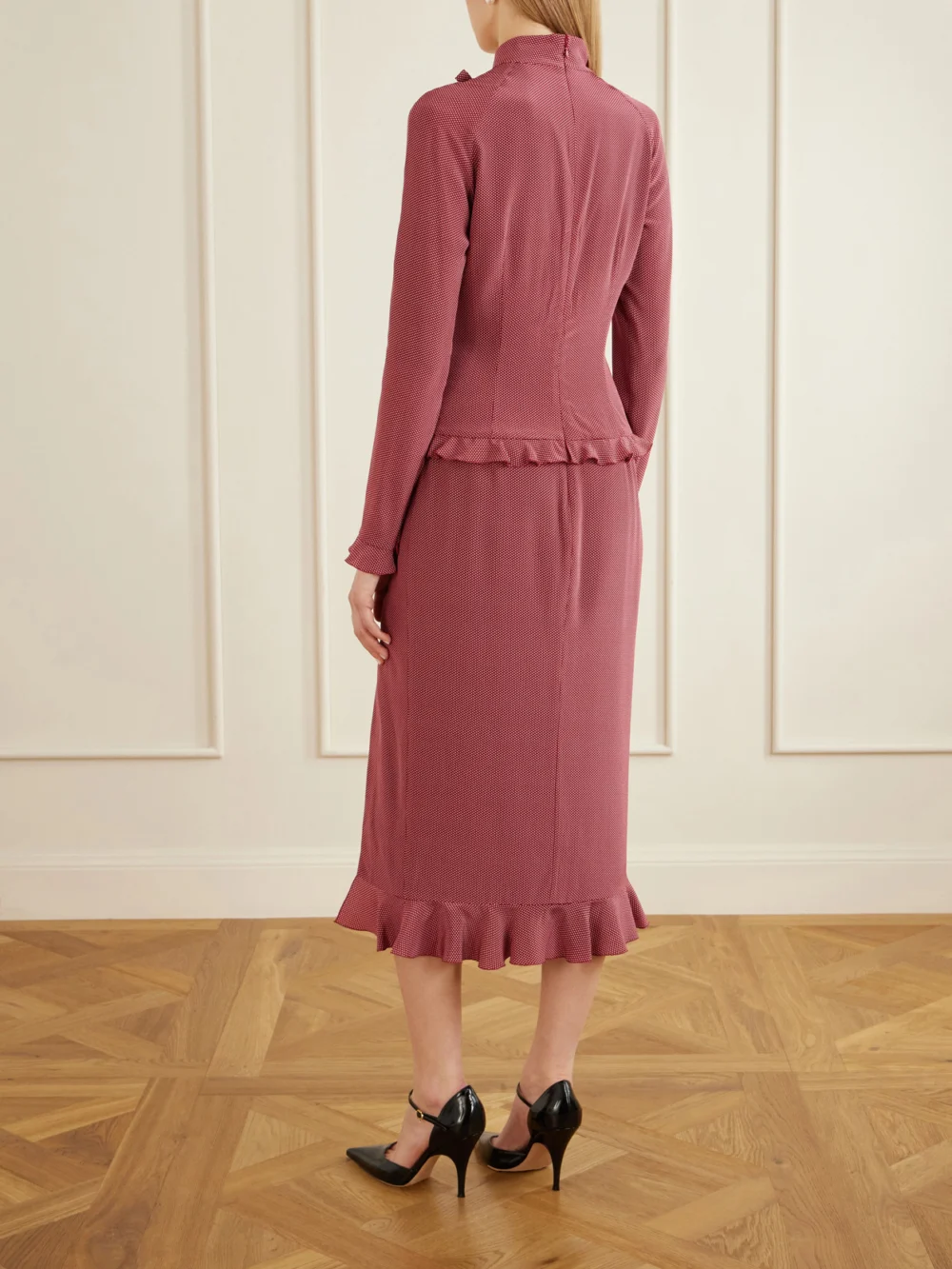 Back view of the Alessandra Rich Bow-detailed Polka-dot Silk-crepe Midi Dress