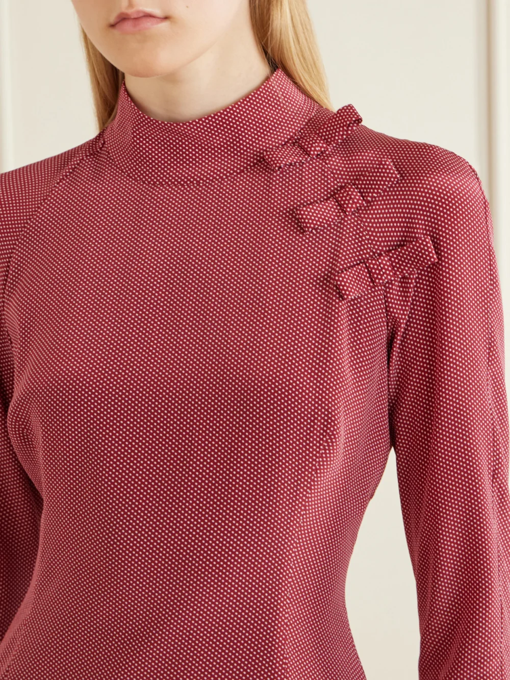 Close-up detail of the Alessandra Rich Bow-detailed Polka-dot Silk-crepe Midi Dress