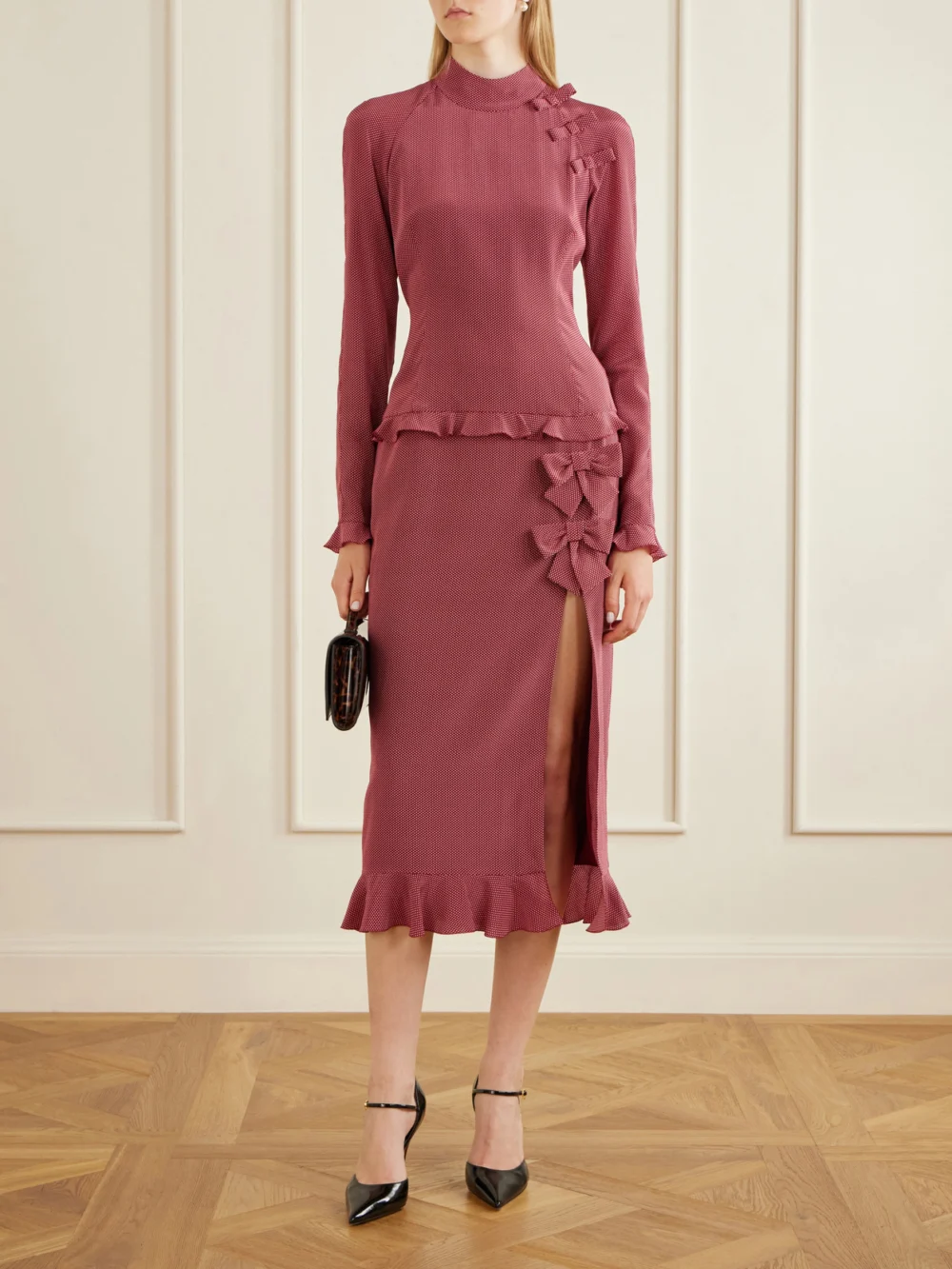 Alessandra Rich Bow-detailed Polka-dot Silk-crepe Midi Dress, worn by a model