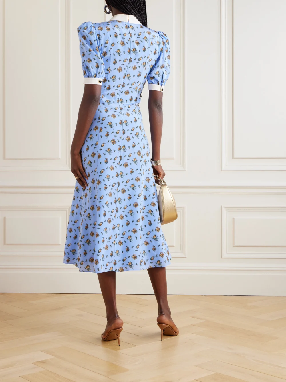 Back view of the Alessandra Rich Bow-embellished Floral-print Silk-satin Midi Dress