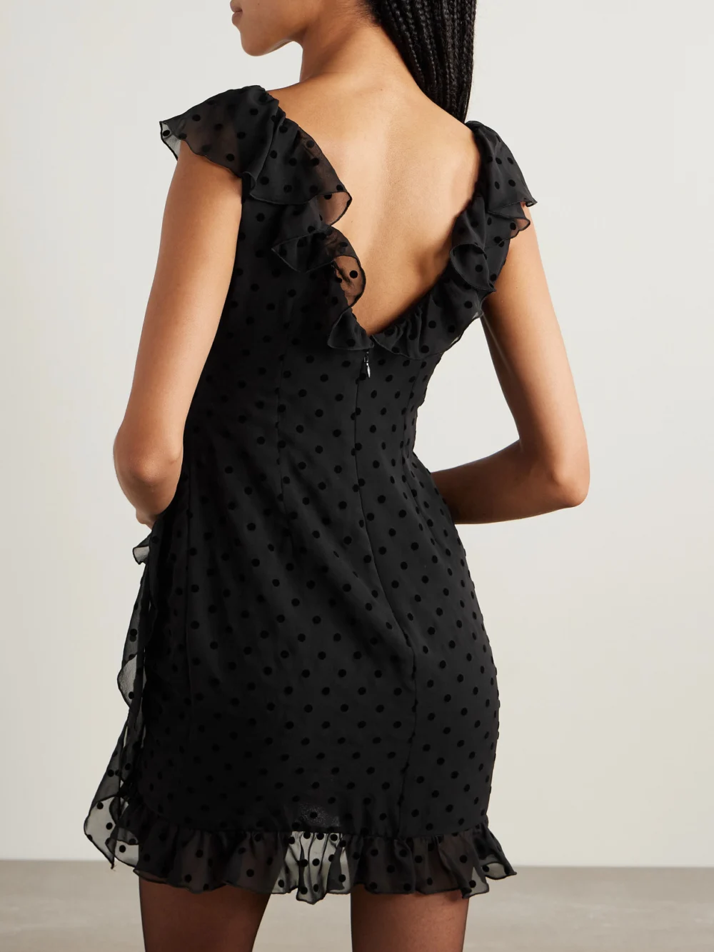 Back view of the Alessandra Rich Bow-embellished Ruffled Flocked Silk-chiffon Mini Dress