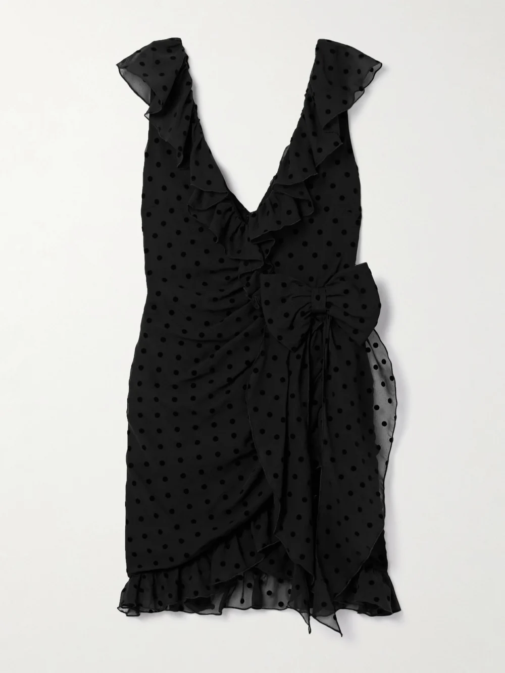 Alessandra Rich Bow-embellished Ruffled Flocked Silk-chiffon Mini Dress in black