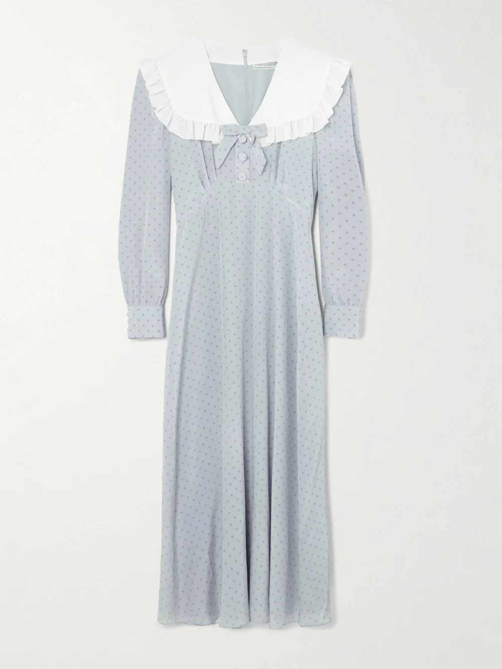 Alessandra Rich Bow-embellished Ruffled Polka-dot Silk Crepe De Chine Midi Dress in gray