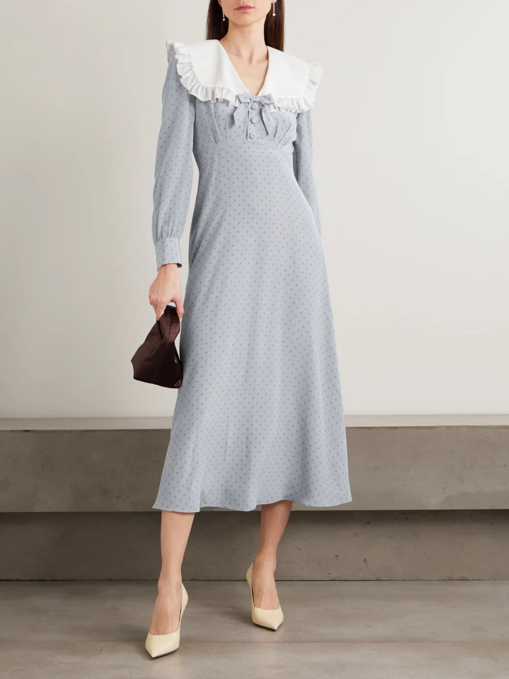 Alessandra Rich Bow-embellished Ruffled Polka-dot Silk Crepe De Chine Midi Dress, worn by a model