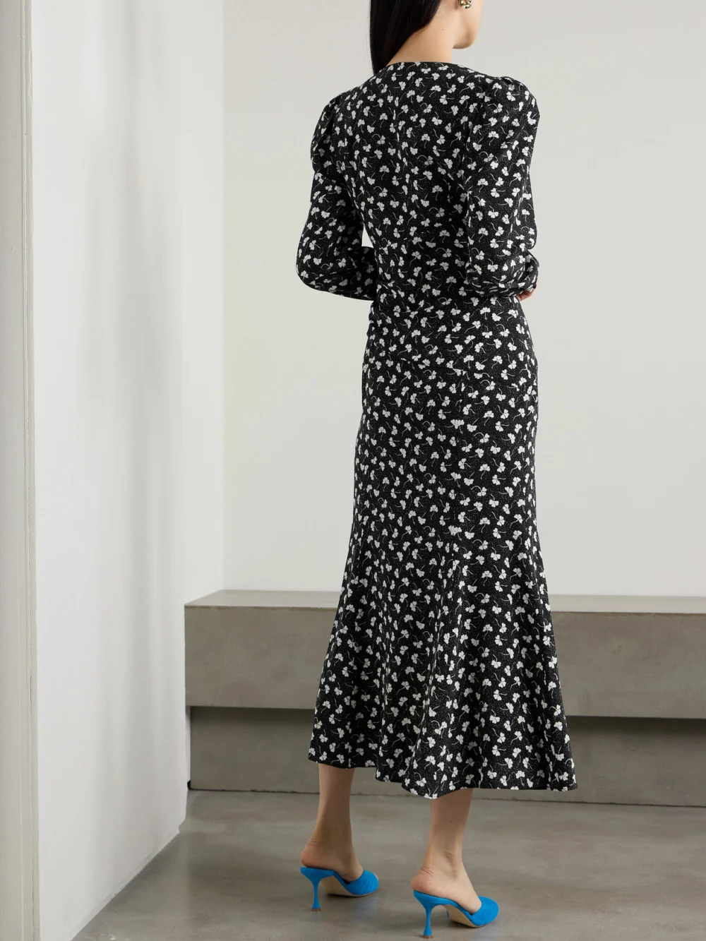 Back view of the Alessandra Rich Clover Wrap-effect Floral-print Silk-crepe Midi Dress