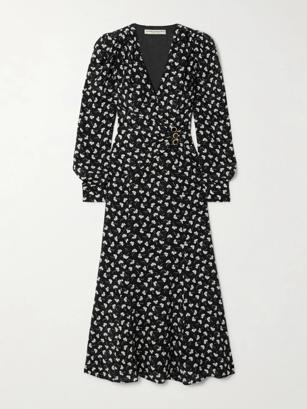 Alessandra Rich Clover Wrap-effect Floral-print Silk-crepe Midi Dress in black