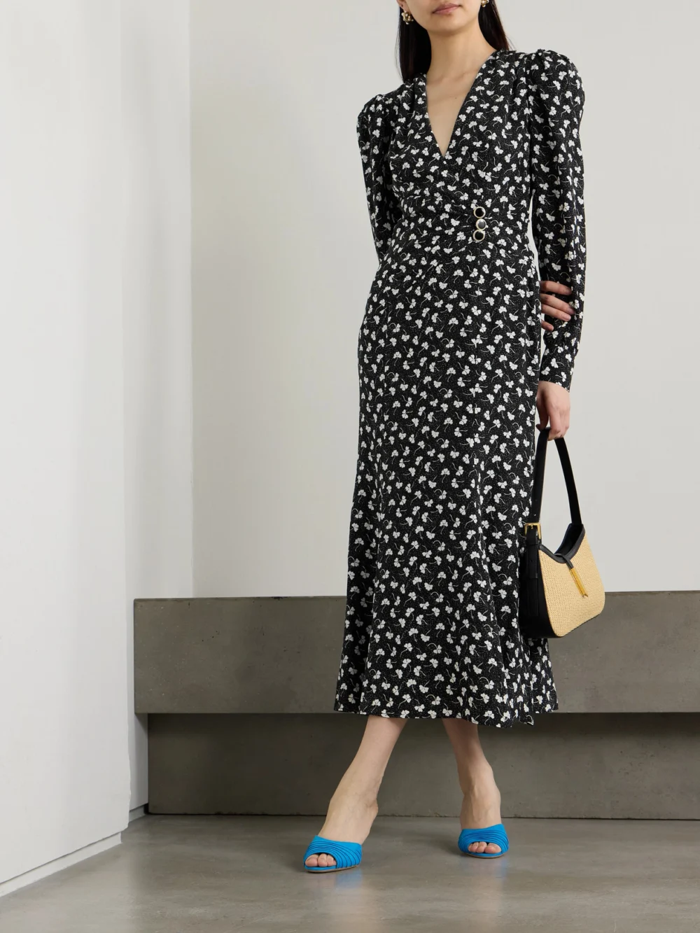 Alessandra Rich Clover Wrap-effect Floral-print Silk-crepe Midi Dress, worn by a model