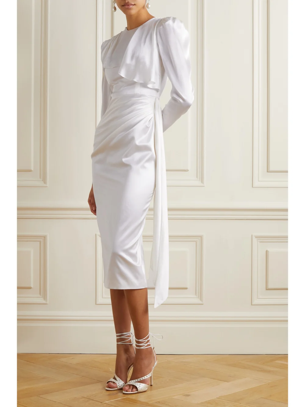 Alessandra Rich Embellished Draped Silk-satin Midi Dress, worn by a model