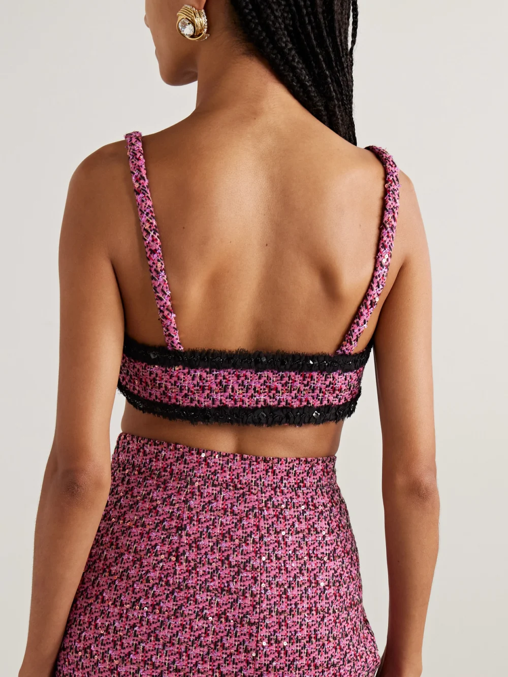 Back view of the Alessandra Rich Embellished Frayed Chiffon-trimmed Metallic Tweed Bralette
