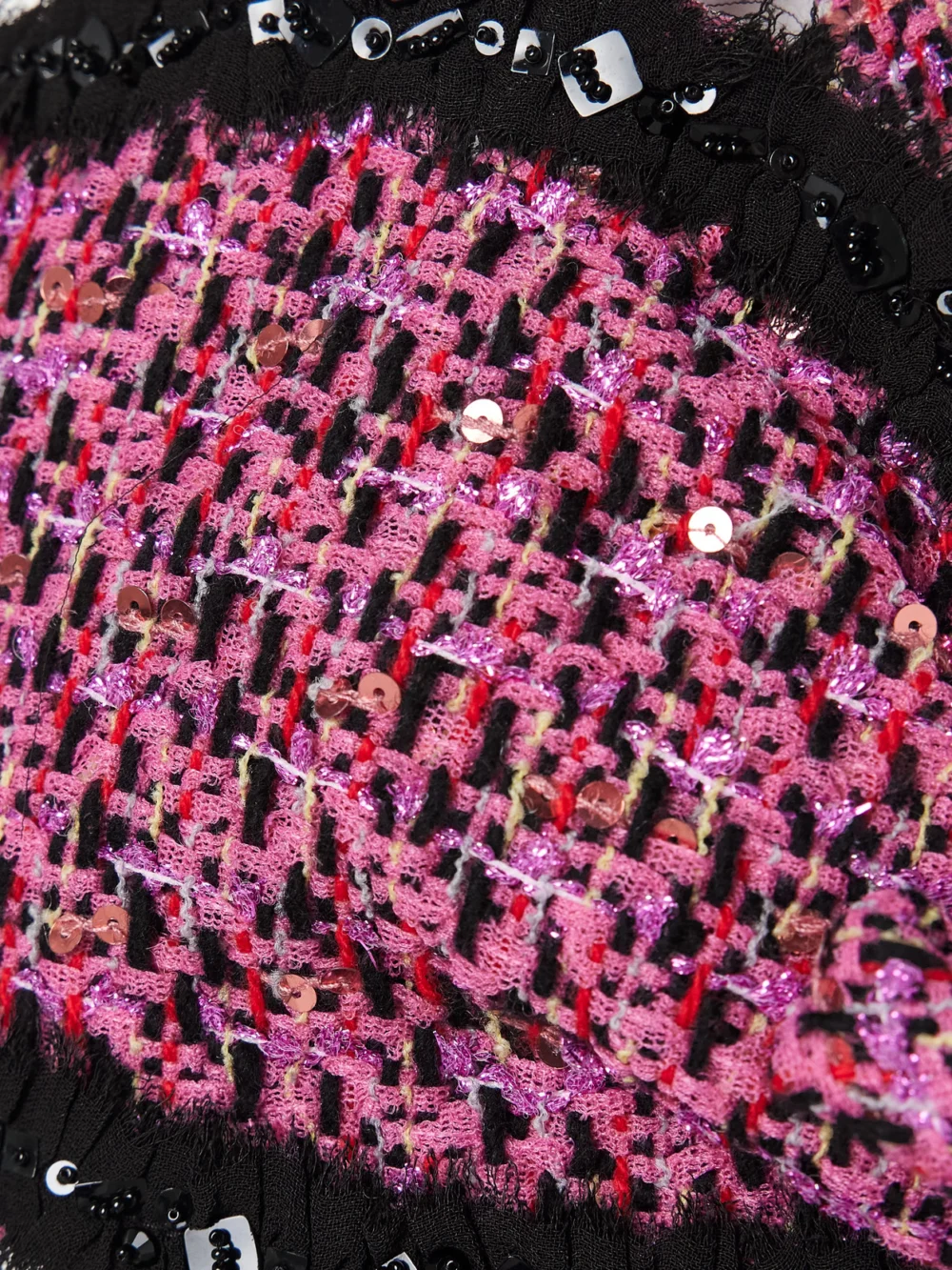 Close-up detail of the Alessandra Rich Embellished Frayed Chiffon-trimmed Metallic Tweed Bralette