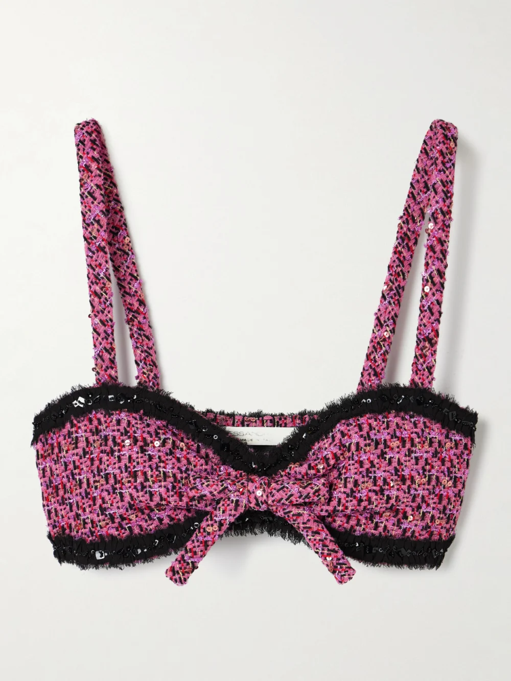 Alessandra Rich Embellished Frayed Chiffon-trimmed Metallic Tweed Bralette in pink