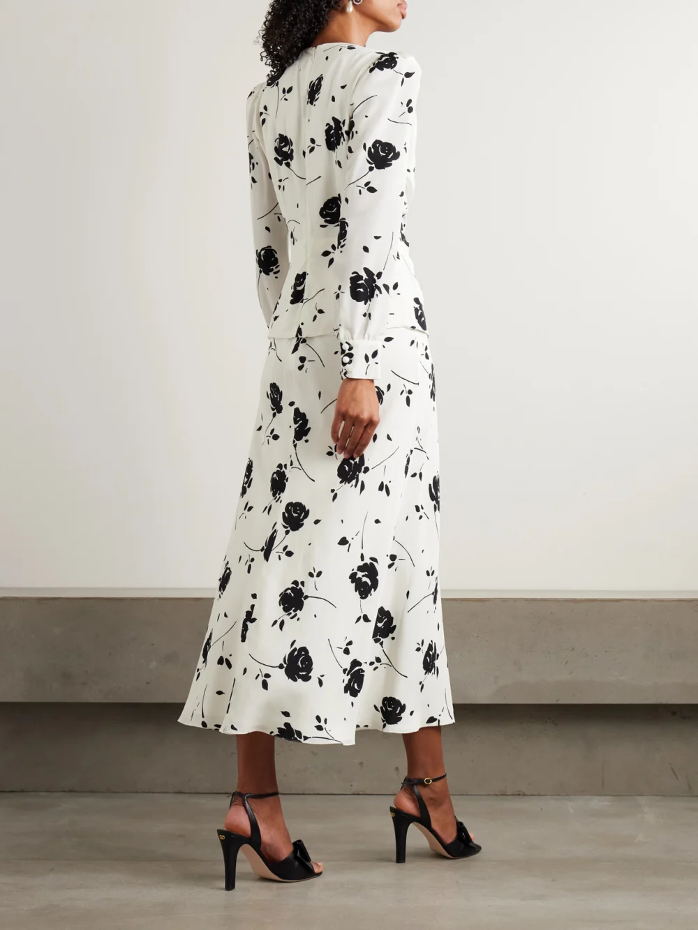 Back view of the Alessandra Rich Embellished Pleated Floral-print Silk Crepe De Chine Midi Dress