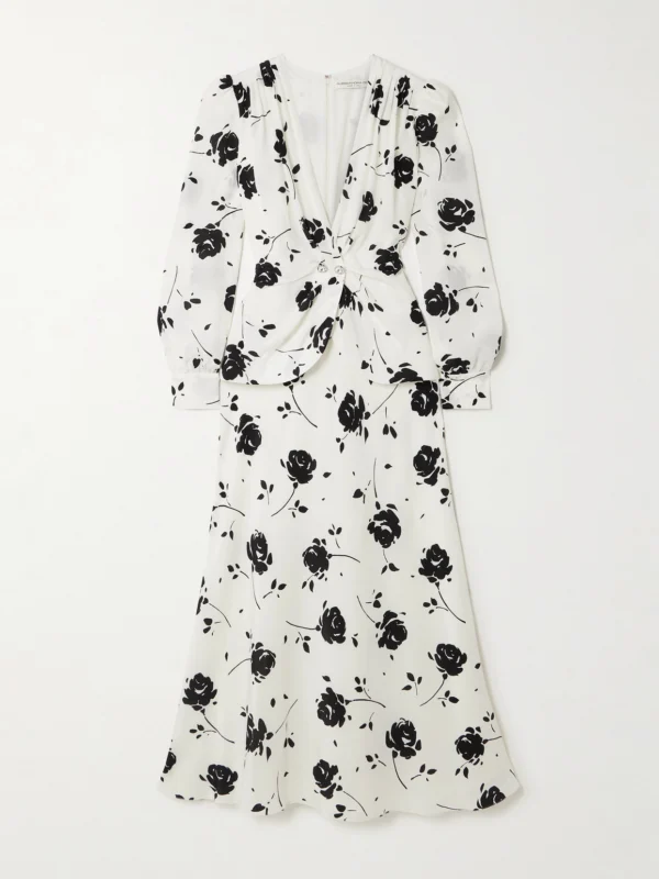 Alessandra Rich Embellished Pleated Floral-print Silk Crepe De Chine Midi Dress