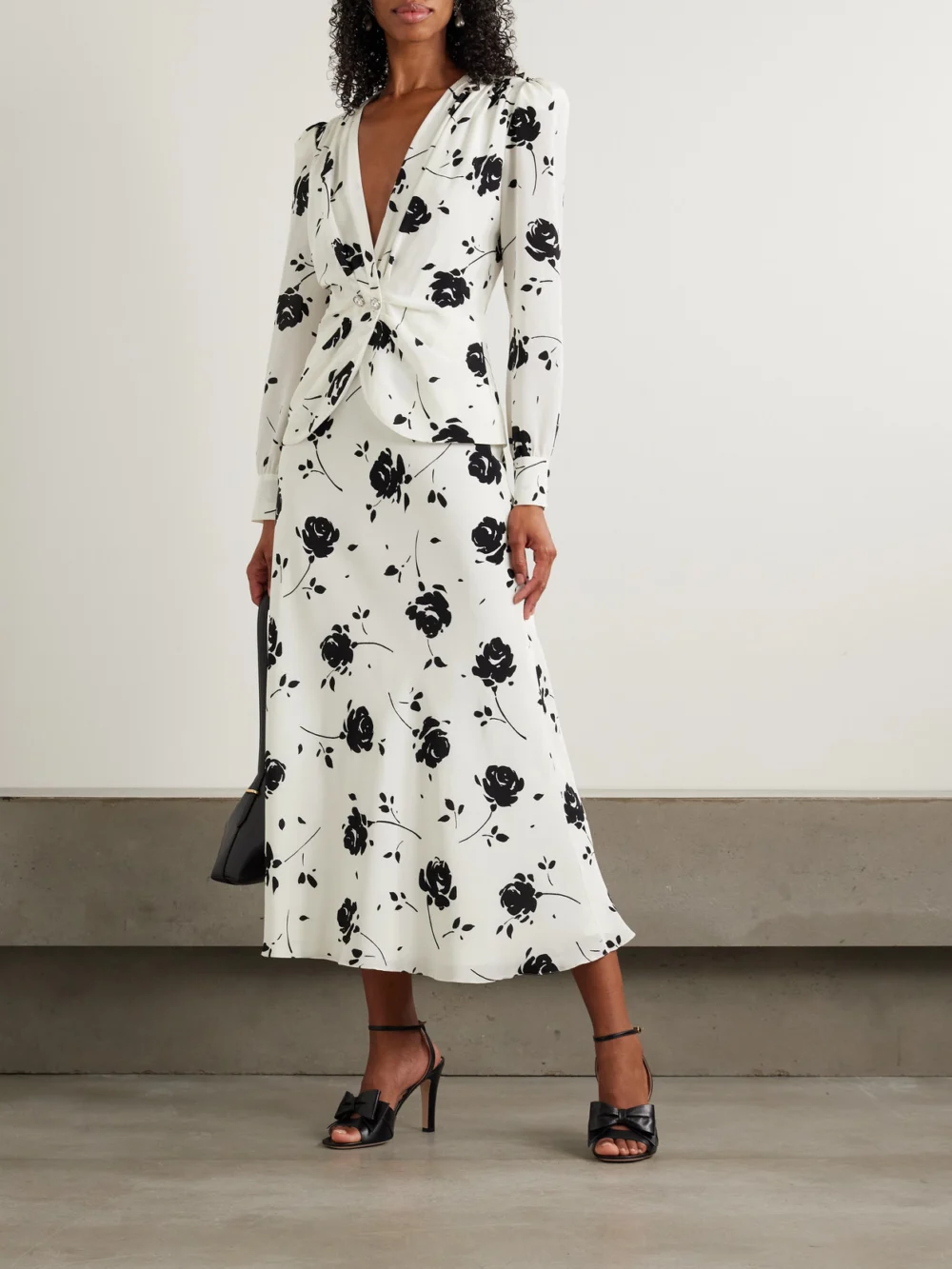 Alessandra Rich Embellished Pleated Floral-print Silk Crepe De Chine Midi Dress, worn by a model