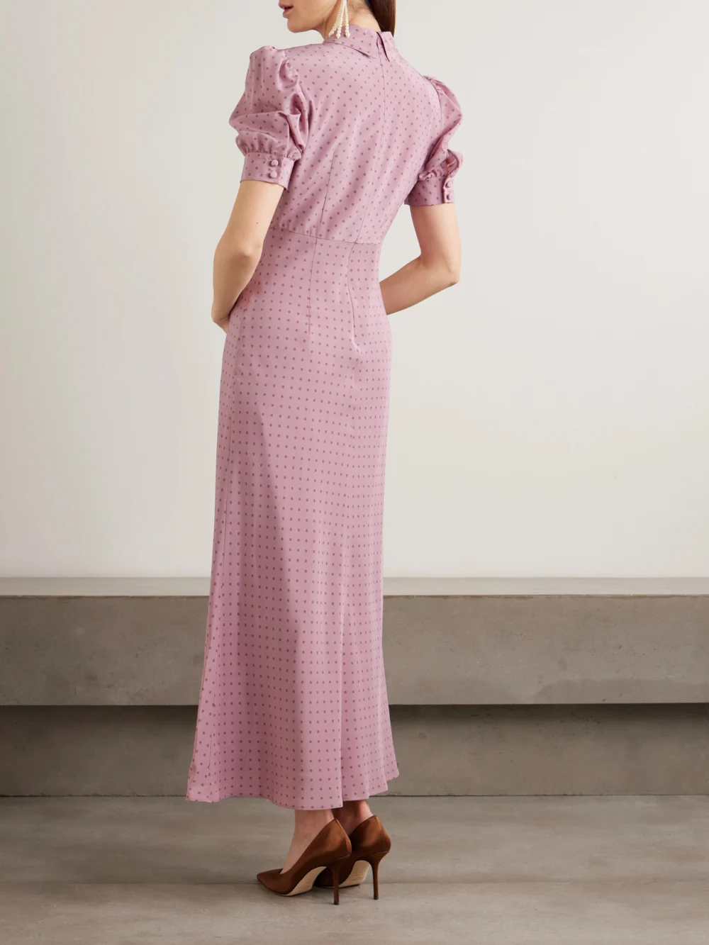 Back view of the Alessandra Rich Embellished Polka-dot Silk Crepe De Chine Midi Dress