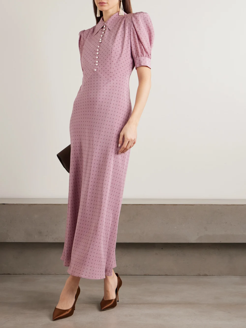Alessandra Rich Embellished Polka-dot Silk Crepe De Chine Midi Dress, worn by a model