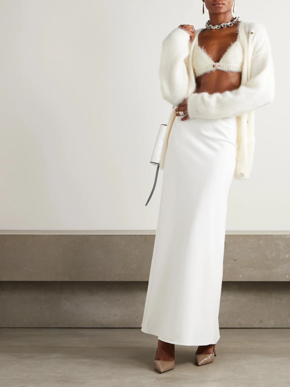 Alessandra Rich Embroidered Mohair-blend Bralette, worn by a model