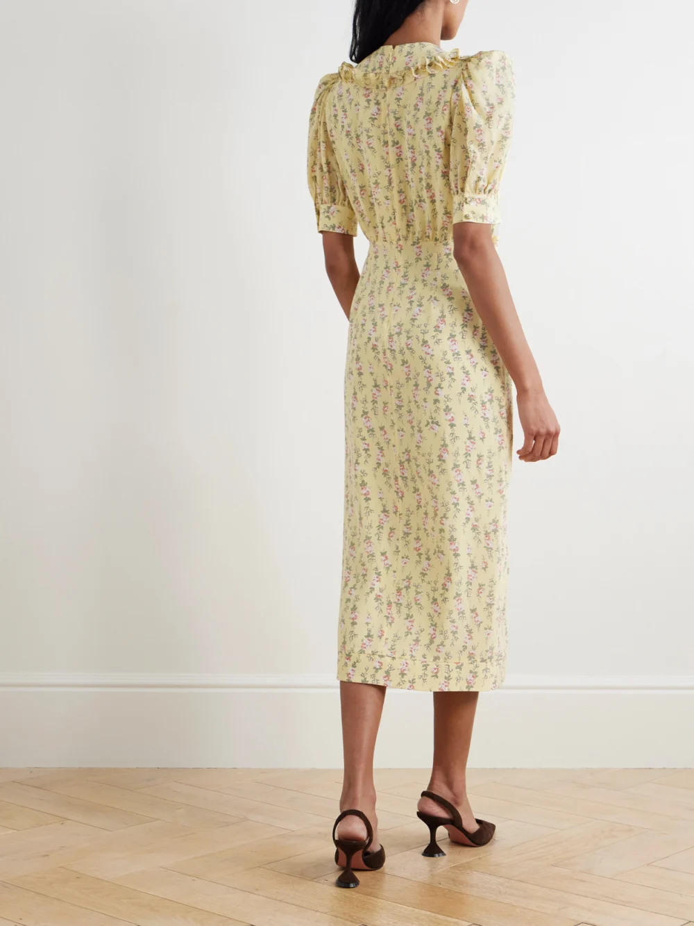 Back view of the Alessandra Rich Garden Party Bow-detailed Floral-print Silk Crepe De Chine Midi Dress