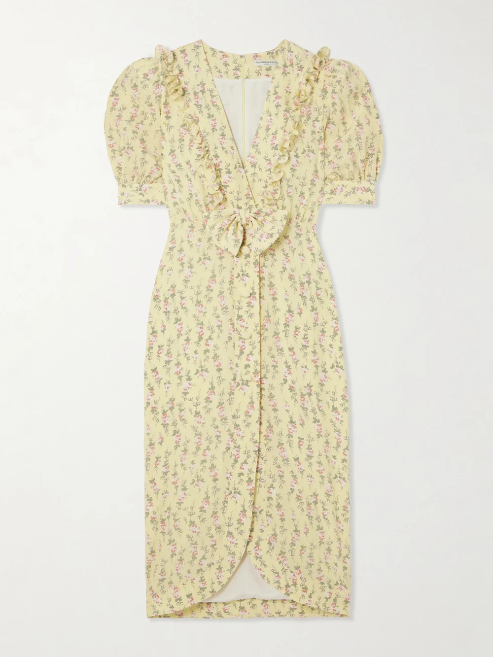 Alessandra Rich Garden Party Bow-detailed Floral-print Silk Crepe De Chine Midi Dress in yellow